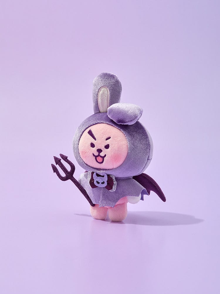 BT21 COOKY VILLAIN PLUSH ANGEL & VILLAIN, peluche officielle LINE FRIENDS, COOKY lapin violet décor chambre sur fond violet