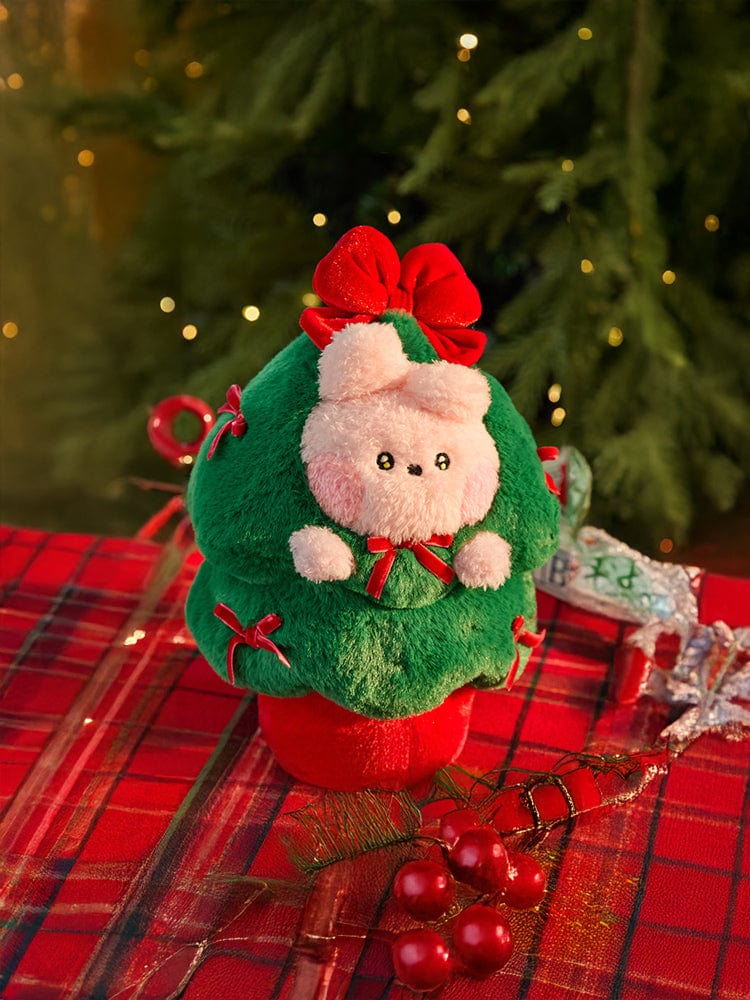 BT21 COOKY minini TREE PLUSH PETITE HOLIDAY, peluche BT21 COOKY sur plaid rouge, décorations de Noël, sapin flou