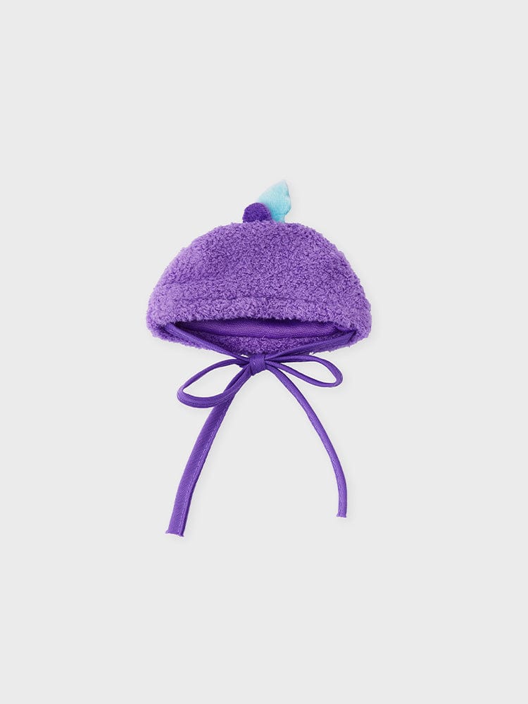 BT21 COSTUME PLUSH CLOSET - OVERALL HOPE IN LOVE, peluche chapeau violet et bleu LINE FRIENDS, fond clair.