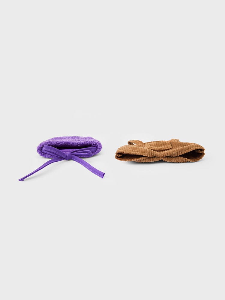 BT21 COSTUME PLUSH CLOSET - OVERALL HOPE IN LOVE, ensemble de salopette en tissu violet et marron sur fond clair