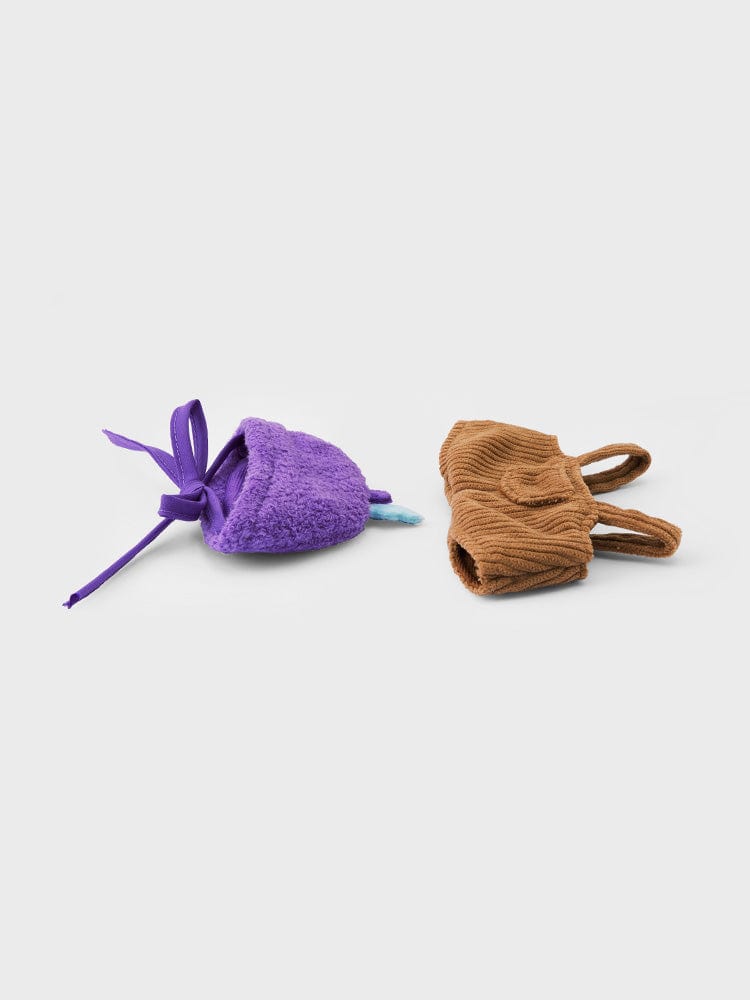BT21 COSTUME PLUSH CLOSET - OVERALL HOPE IN LOVE : peluche BT21 LINE FRIENDS, tenue violette et brune sur fond clair