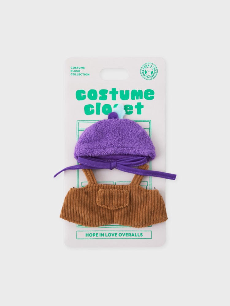 BT21 COSTUME PLUSH CLOSET - OVERALL HOPE IN LOVE : peluche en costume, packaging LINE FRIENDS, décor chambre, fond blanc.