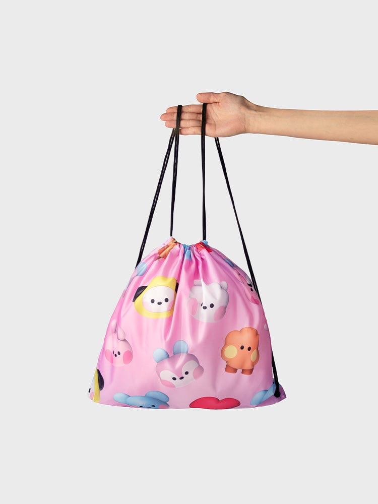 BT21  DRAWSTRING BACKPACK BIG & TINY EDITION : sac à cordon rose LINE FRIENDS avec personnages BT21, porté en main