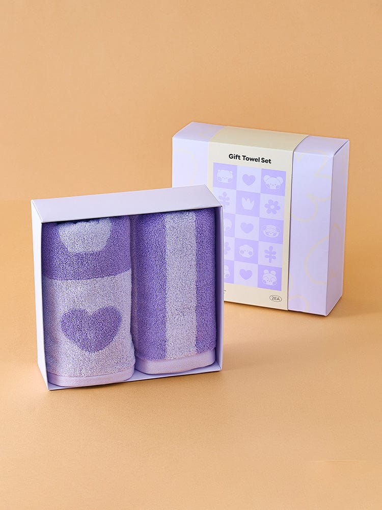 BT21 FACE TOWEL GIFT SET (2PCS) DAILY BASIC : coffret serviettes visage kawaii LINE FRIENDS sur fond beige, cœur violet