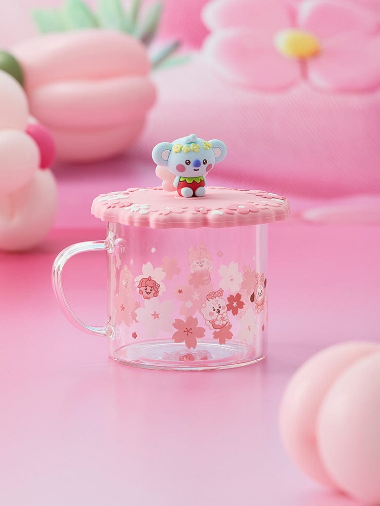 BT21 KOYA BABY GLASS UP & LID (11oz) SPRING FAIRY LINE FRIENDS, verre rose avec couvercle et koala KOYA décoratif, ambiance fleurie