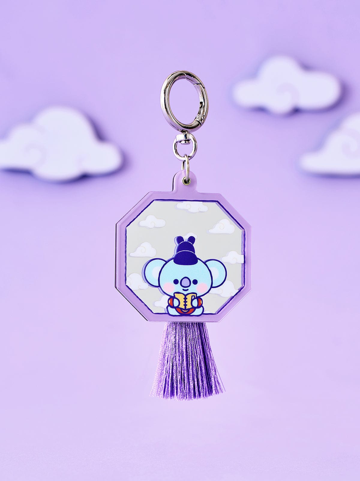 BT21 KOYA BABY MIRROR KEYRING K-EDITION ver.2 LINE FRIENDS : porte-clés miroir KOYA, fond lilas avec nuages