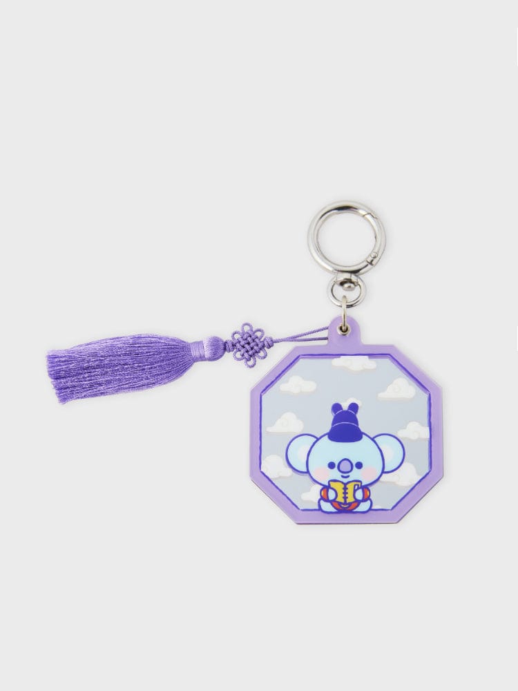 BT21 KOYA BABY MIRROR KEYRING K-EDITION ver.2 : porte-clés miroir KOYA avec pompon violet sur fond clair, LINE FRIENDS.