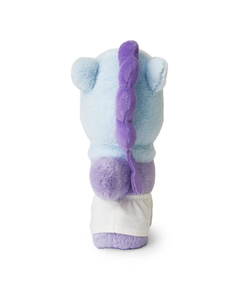 BT21 MANG BABY COSTUME PLUSH LINE FRIENDS, peluche poney danseur masqué, tenue bleue et mauve sur fond blanc.