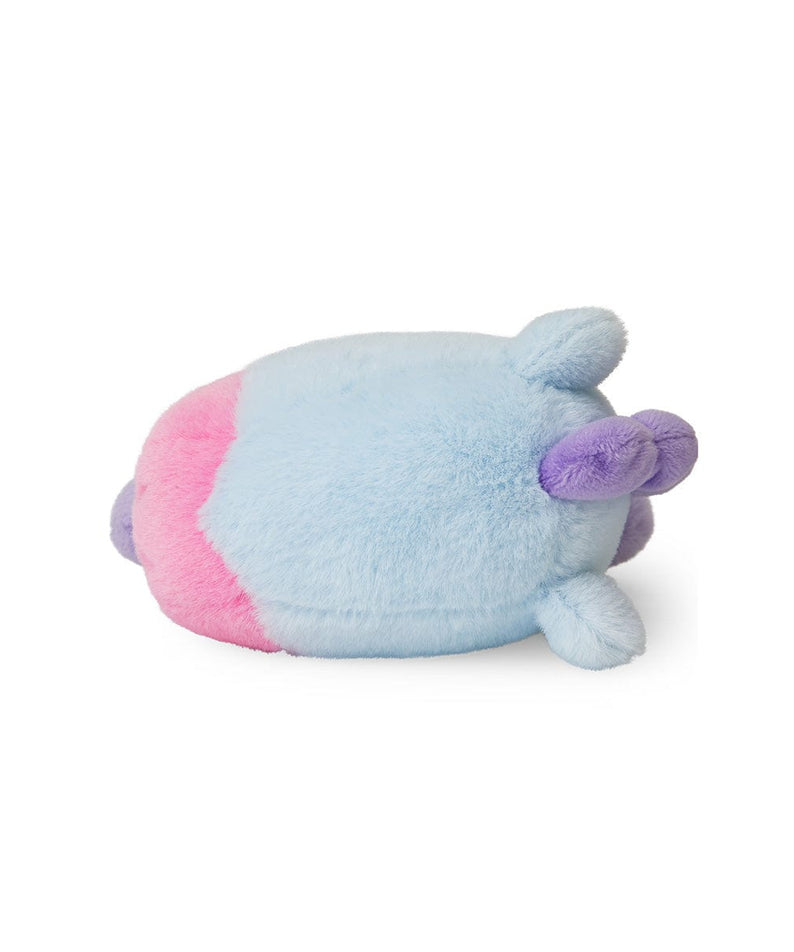 BT21 MANG BABY COSTUME PLUSH peluche officielle LINE FRIENDS, poney bleu ciel allongé en costume masqué, fond blanc.