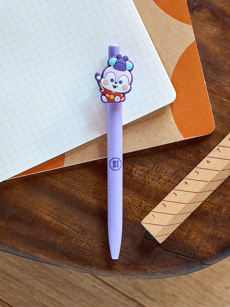 BT21 MANG BABY GEL PEN K-EDITION 2 LINE FRIENDS : stylo bleu sur cahier quadrillé, motif poney masqué j-hope.