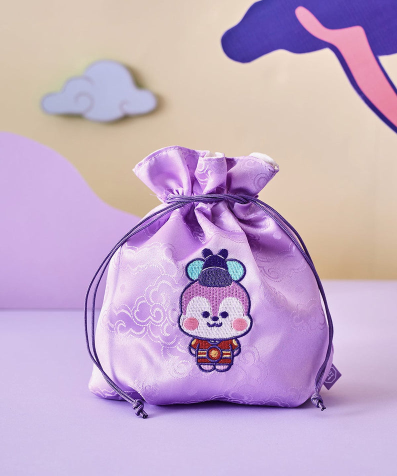 BT21 MANG BABY GOOD LUCK POUCH K-EDITION ver.2, sac porte-bonheur mauve LINE FRIENDS, design Mang bébé sur cordon