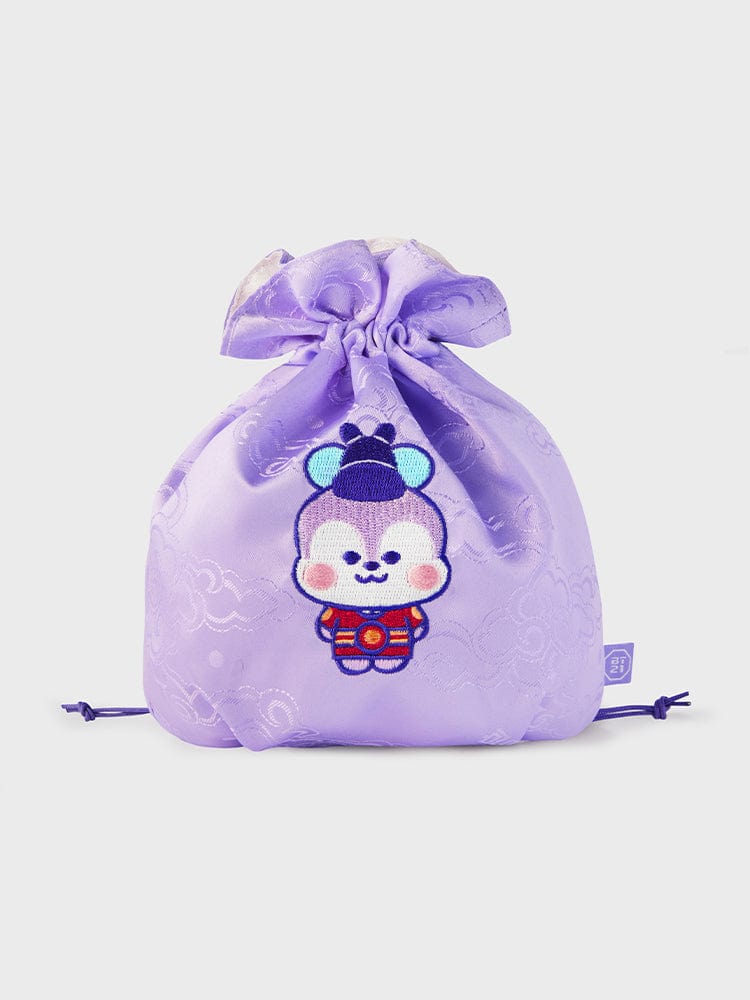 BT21 MANG BABY GOOD LUCK POUCH K-EDITION ver.2 : pochette lilas officielle LINE FRIENDS, bébé MANG avec cordon violet.