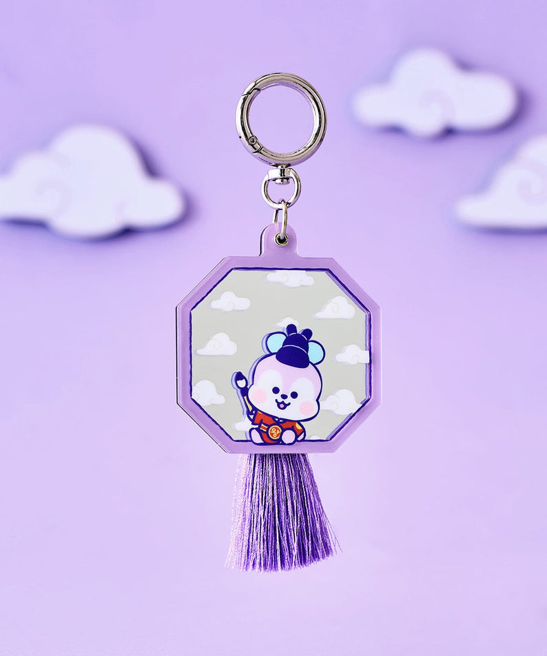 BT21 MANG BABY MIRROR KEYRING K-EDITION ver.2, porte-clés officiel LINE FRIENDS avec miroir, fond violet et nuages