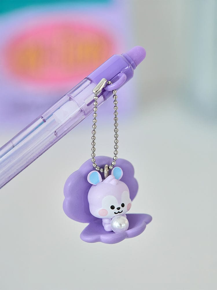 BT21 MANG BABY PEARL FIGURINE GEL PEN LINE FRIENDS : stylo violet figurine pendentif et perles, décor kawaii.
