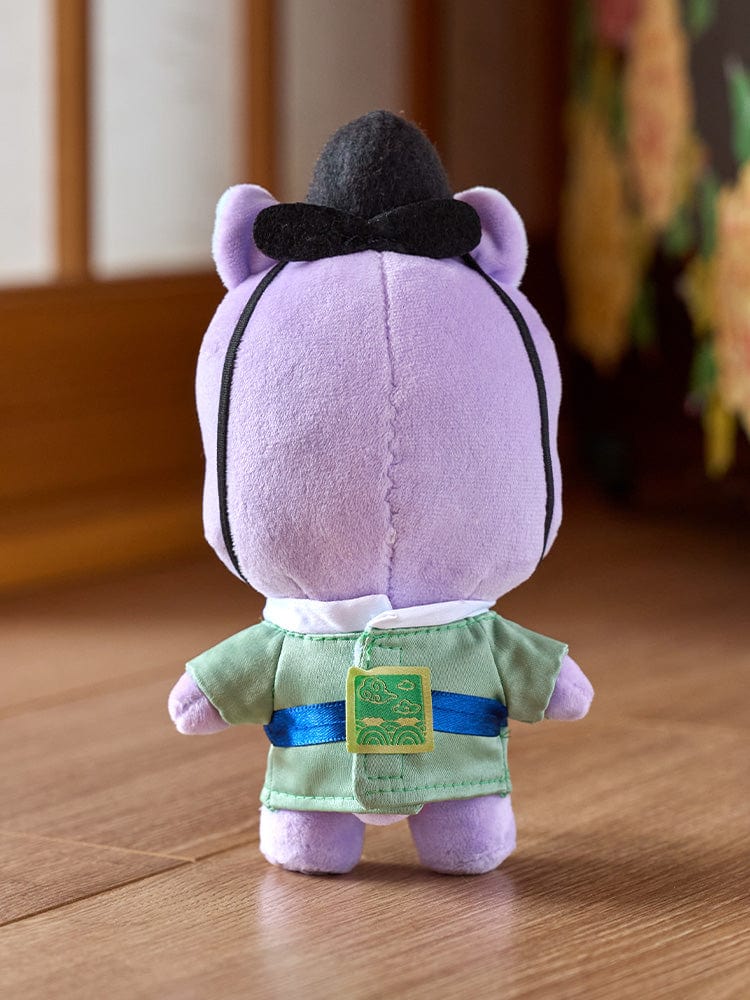 BT21 MANG BABY PLUSH DOLL K-EDITION 2 : peluche MANG officielle BTS, poney danseur masqué, sur table, chambre décorée
