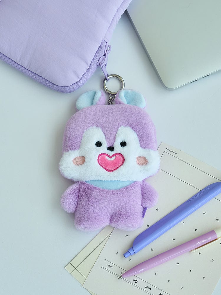 BT21 MANG BASIC FLAT POUCH LINE FRIENDS : pochette plate violette avec petit poney MANG, sur bureau avec carnet et stylos