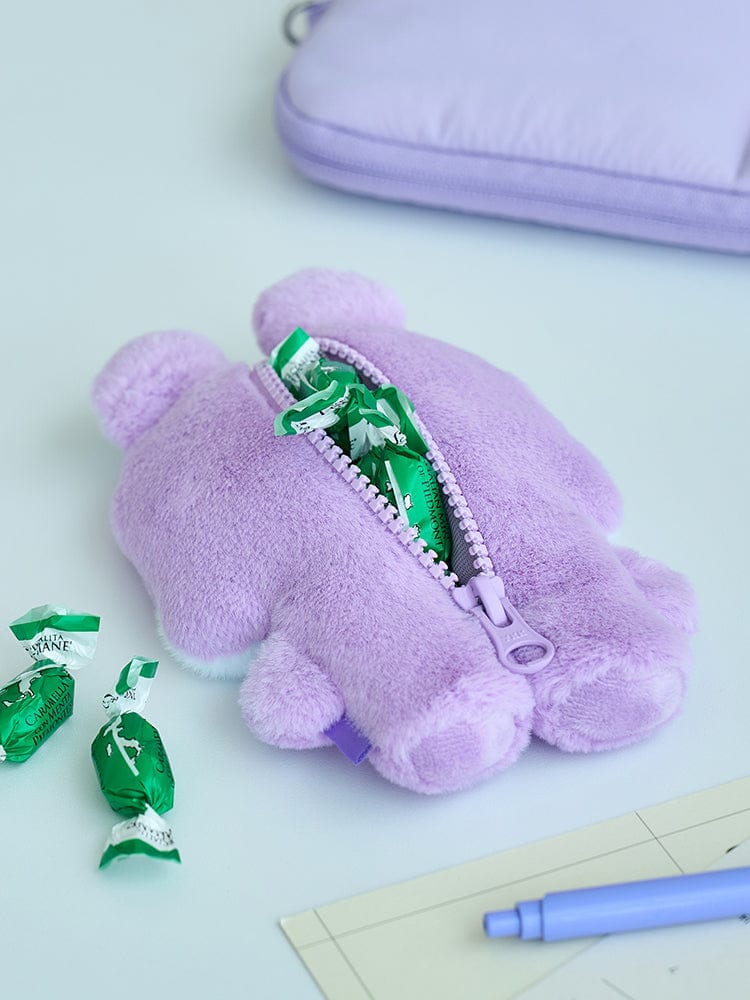 BT21 MANG BASIC FLAT POUCH LINE FRIENDS : petite pochette plate violette en peluche, fermeture éclair verte, décor jouets