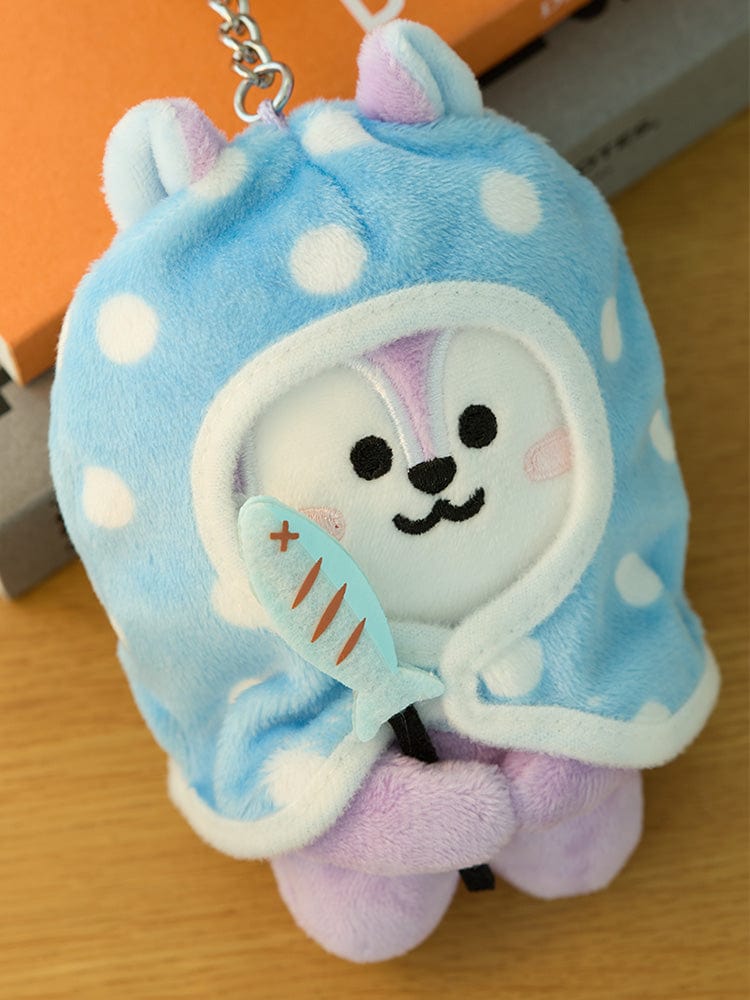 BT21 MANG DOLL KEYRING CAMPFIRE, porte-clés peluche LINE FRIENDS bleu, MANG masque danseur, sur table
