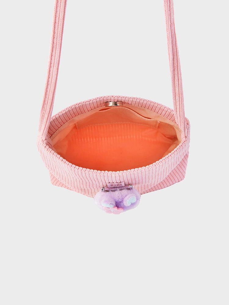 BT21 MANG MINI CORDUROY CROSSBODY BAG SPRING DAYS, sac crossbody rose en velours côtelé LINE FRIENDS, intérieur orange visible