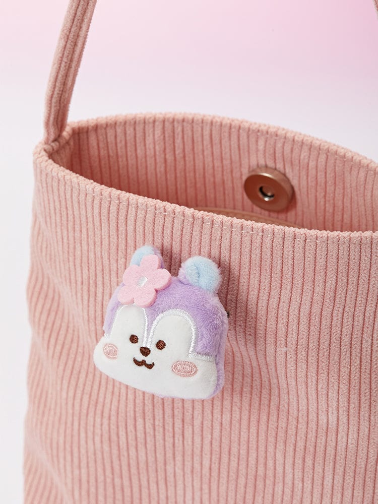 BT21 MANG MINI CORDUROY CROSSBODY BAG SPRING DAYS : poche rose en velours côtelé avec poney danseur, LINE FRIENDS