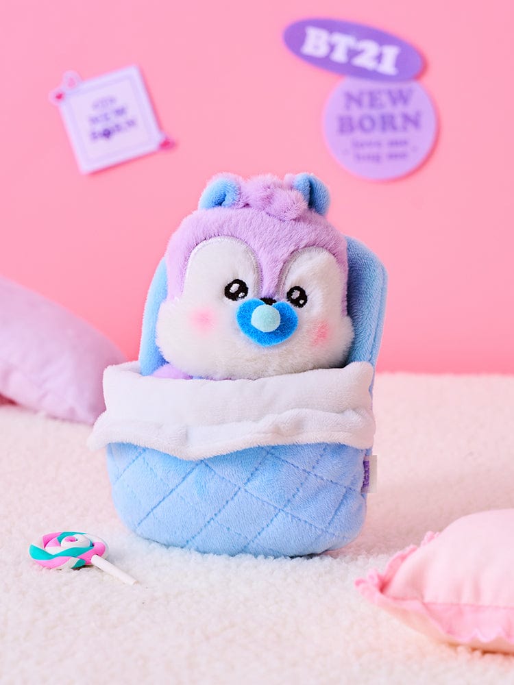 BT21 MANG NEWBORN BABY PLUSH officielle LINE FRIENDS, peluche poney danseur masqué sur décor pastel rose