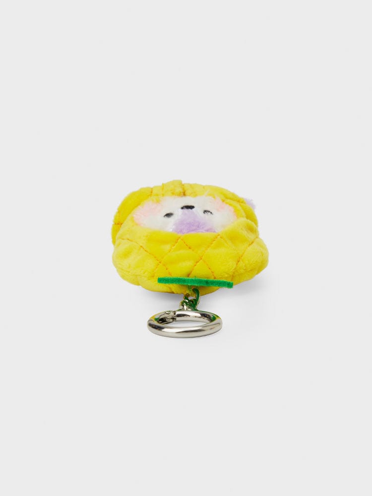 BT21 MANG mini minini FRUITS KEYRING, porte-clés officiel en forme de fruit jaune avec MANG masqué, fond clair.