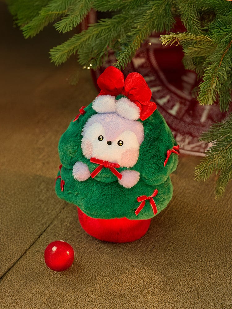 BT21 MANG minini TREE PLUSH PETITE HOLIDAY, peluche décorative au sapin, style vacances, près de boules rouges