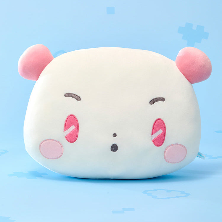 BT21  MMMM Large Mochi Face Cushion, coussin mochi visage MMMM rose, sur fond bleu clair, style dessin animé