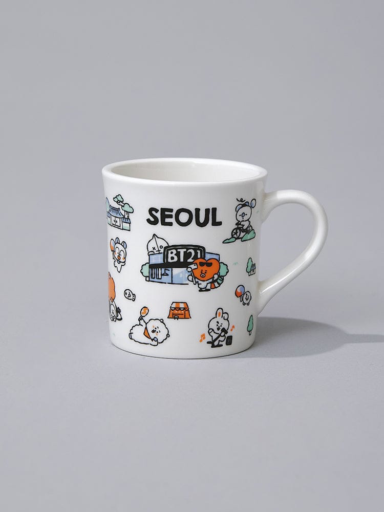 BT21 MUG CUP SEOUL EDITION (11oz) LINE FRIENDS : mug blanc « SEOUl » kawaii avec personnages BTS, fond gris
