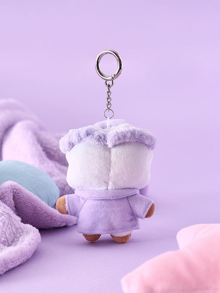 BT21 NEW BASIC RJ PAJAMA PLUSH KEY RING, porte-clés RJ alpaga en peluche pyjama sur fond violet, accessoire LINE FRIENDS.