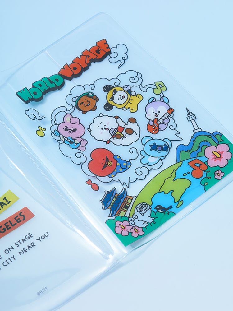 BT21 PASSPORT COVER WORLD VOYAGE : couverture officielle LINE FRIENDS bleu avec personnages BT21 “World Voyage”