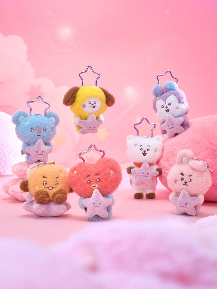 BT21 PURPLE STAR PLUSH KEYRING THE JOURNEY, porte-clés en peluche violet sur fond rose, LINE FRIENDS, BTS