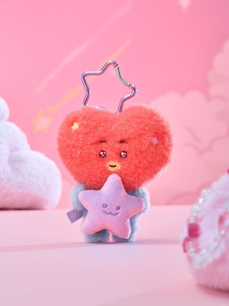 BT21 PURPLE STAR PLUSH KEYRING THE JOURNEY : porte-clés peluche étoile violette, figurine sur fond rose, LINE FRIENDS/BTS