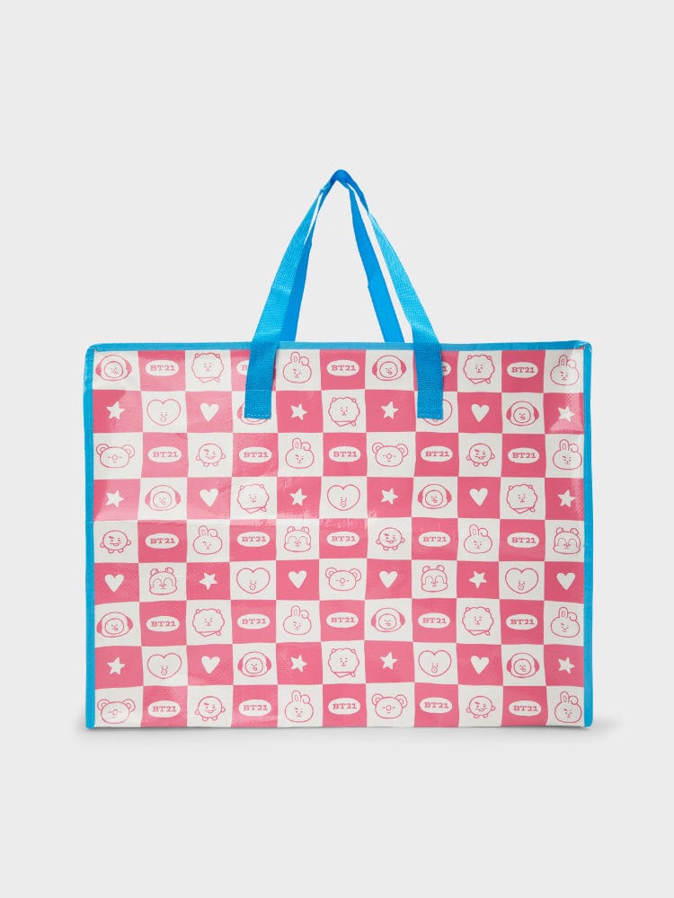 BT21 REUSABLE BAG (XL) 2023 F/W TRAVEL ACC. EDITION : sac réutilisable bleu motif personnages BT21, LINE FRIENDS, photo produit.