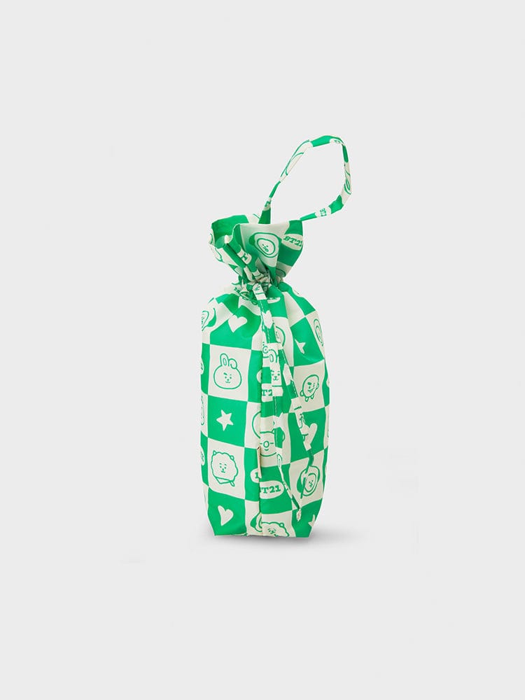BT21 REUSABLE BOTTLE CARRIER GREEN 2023 F/W TRAVEL ACC. EDITION : porte-bouteille vert LINE FRIENDS avec imprimé personnages BTS.