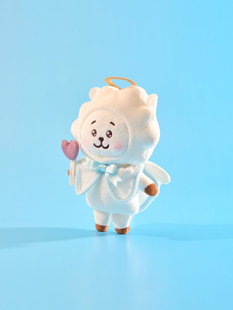 BT21 RJ ANGEL PLUSH ANGEL & VILLAIN, peluche officielle LINE FRIENDS, RJ alpaga en tenue d’ange sur fond bleu