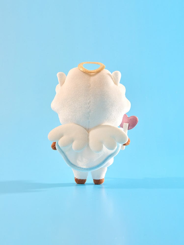 BT21 RJ ANGEL PLUSH ANGEL & VILLAIN, peluche officielle LINE FRIENDS sur fond bleu, alpaga ange RJ debout.