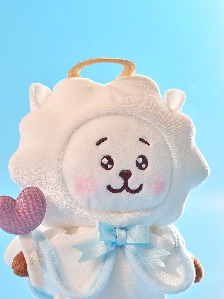 BT21 RJ ANGEL PLUSH ANGEL & VILLAIN peluche officielle LINE FRIENDS alpaga RJ, décor chambre, fond bleu ciel