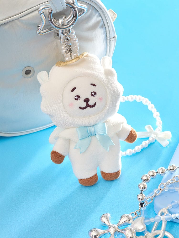 BT21 RJ ANGEL PLUSH KEYRING ANGEL & VILLAIN, porte-clés alpaga RJ officiel LINE FRIENDS sur fond bleu, accessoire K-pop.