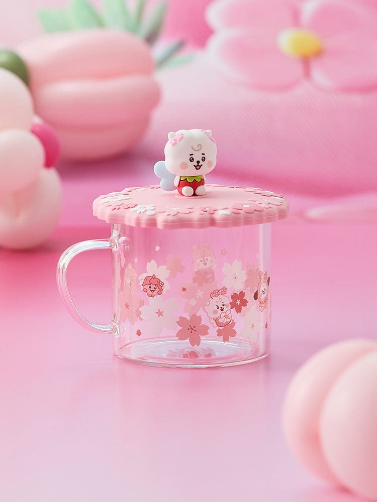 BT21 RJ BABY GLASS UP & LID (11oz) SPRING FAIRY verre rose avec couvercle, figurine RJ, déco fleurs printanières LINE FRIENDS