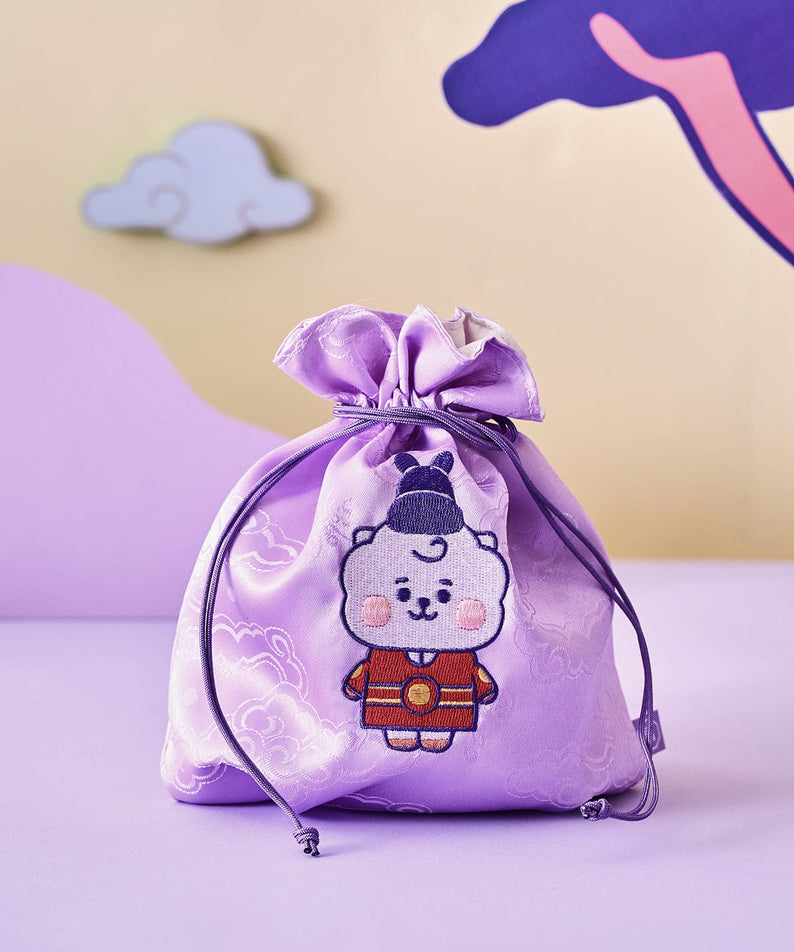 BT21 RJ BABY GOOD LUCK POUCH K-EDITION ver.2, pochette bébé LINE FRIENDS en satin violet avec alpaga RJ, sac tirage