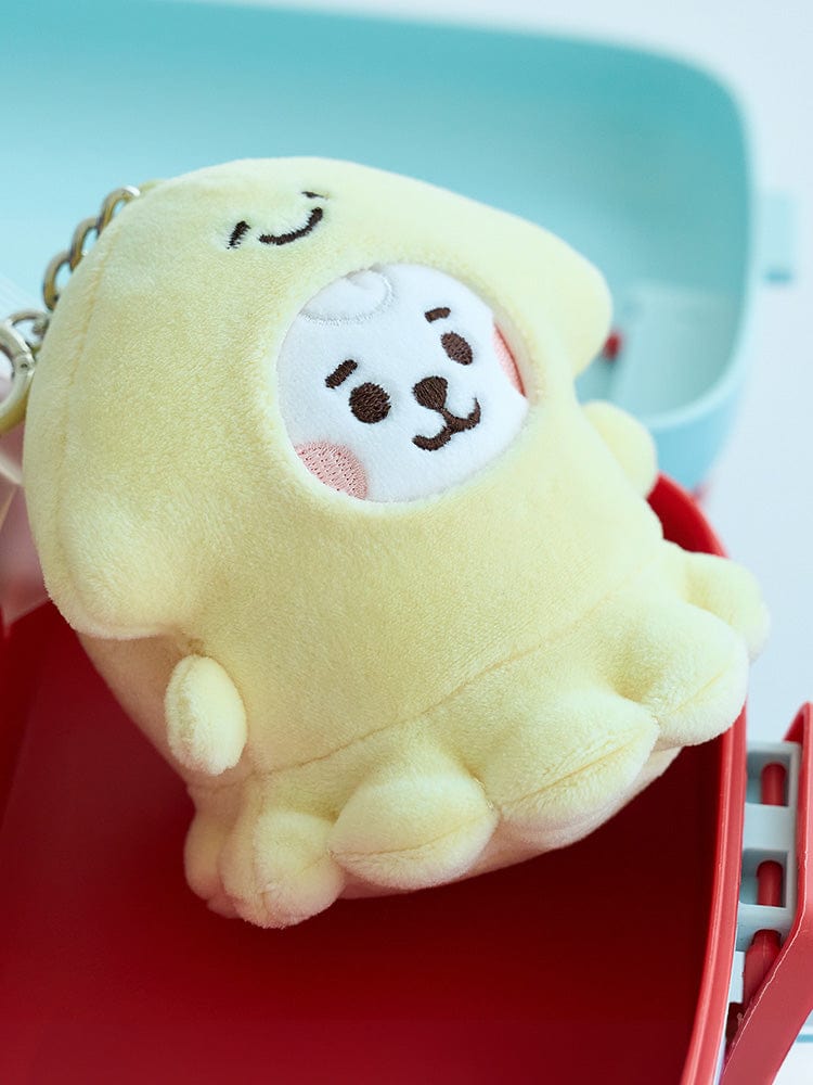 BT21 RJ BABY MINI DOLL KEYRING OCEAN FRIENDS, mini porte-clés officiel LINE FRIENDS avec RJ alpaga sur fond bleu océan.