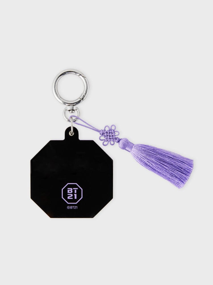 BT21 RJ BABY MIRROR KEYRING K-EDITION ver.2, porte-clés miroir officiel LINE FRIENDS avec RJ et pompon violet, accessoire fan K-pop.