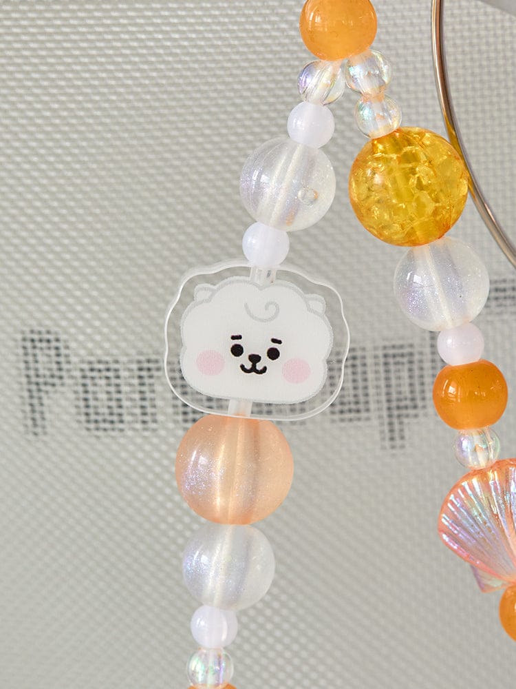 BT21 RJ BABY PEARL BEADED KEYRING, porte-clés perlé officiel LINE FRIENDS : RJ alpaga avec pendentifs colorés sur fond tissu.