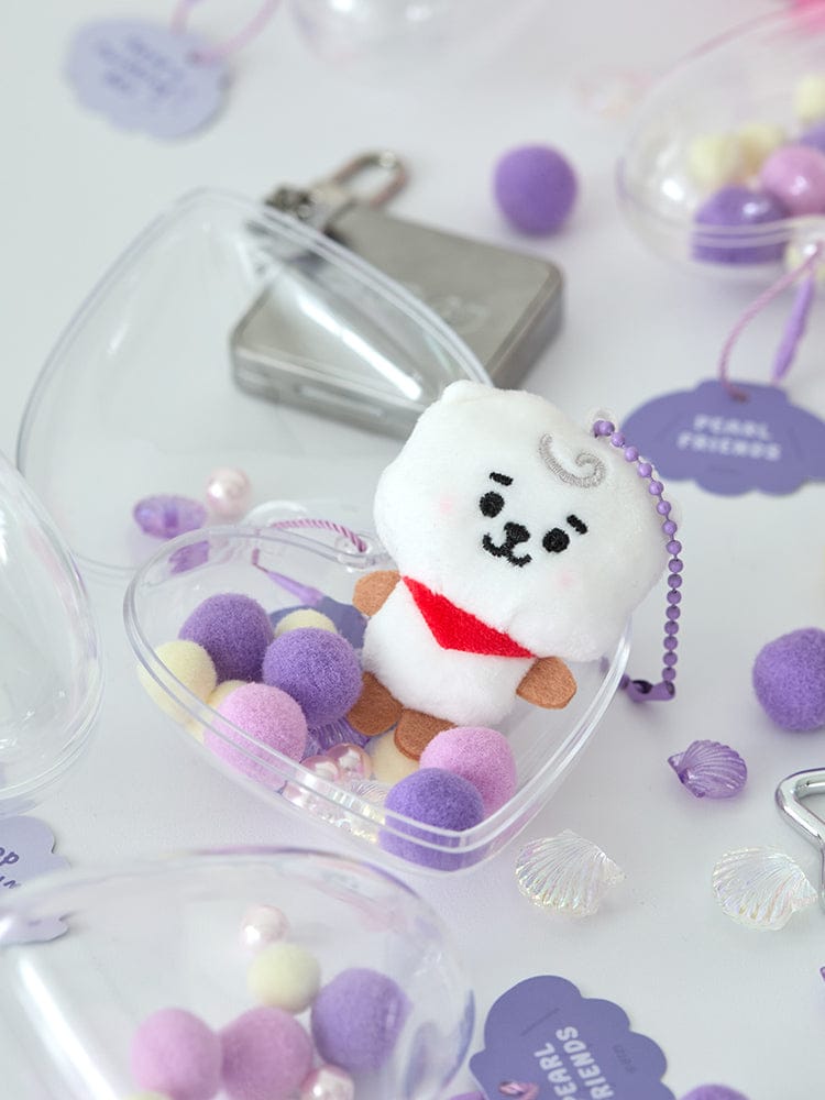 BT21 RJ BABY PEARL PLUSH KEYRING officiel LINE FRIENDS, porte-clés alpaga RJ en peluche blanc sur fond violet.