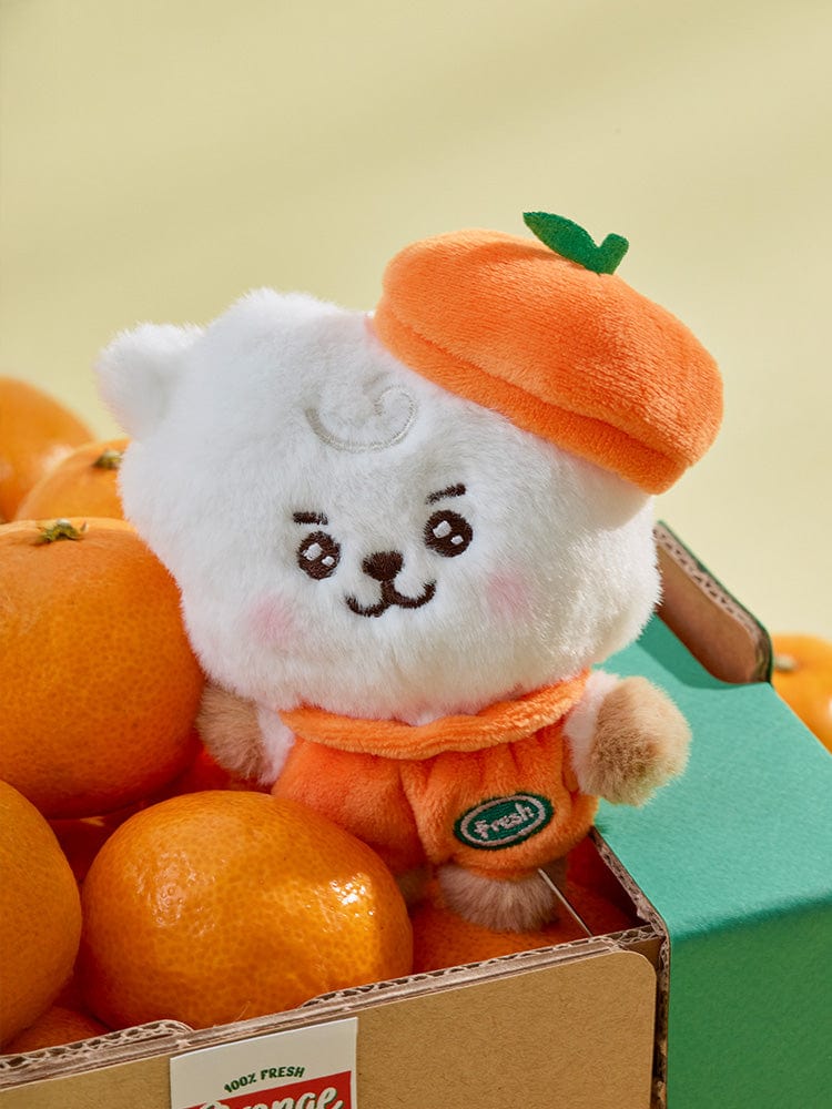 BT21 RJ BABY PLUSH ORANGE PARTY LINE FRIENDS : peluche RJ alpaga orange, dans une boîte décorée pour un événement.