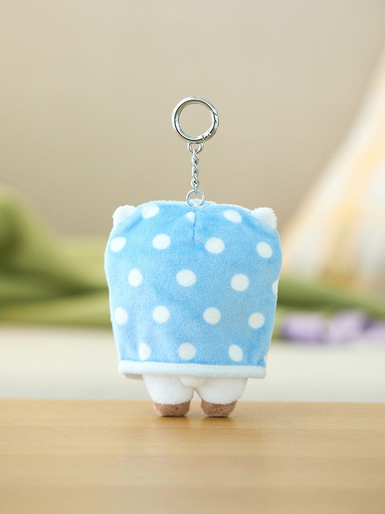 BT21 RJ DOLL KEYRING CAMPFIRE porte-clés RJ alpaga bleu à pois, accessoire officiel LINE FRIENDS, sur table intérieure
