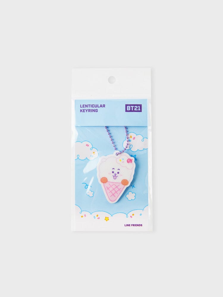 BT21 RJ LENTICULAR 3D KEYRING ON THE CLOUD EDITION, porte-clés sur carte LINE FRIENDS avec RJ sur fond nuages