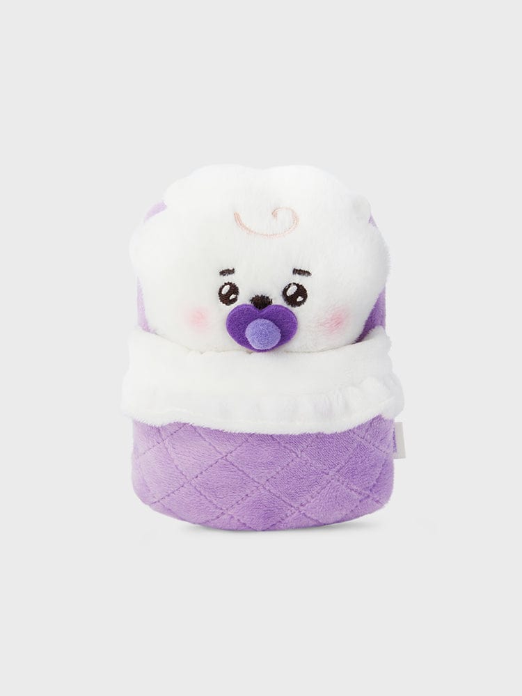 BT21 RJ NEWBORN BABY PLUSH LINE FRIENDS, peluche alpaga RJ blanche et violette, fond clair, décor chambre ou cadeau