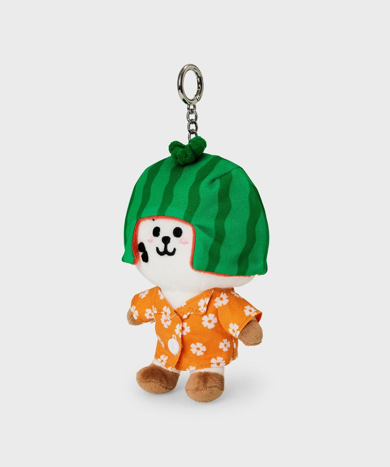BT21 RJ SUMMER LANE BODY BAG CHARM, porte-clés officiel LINE FRIENDS : RJ alpaga en accessoire vert/orange sur fond clair.